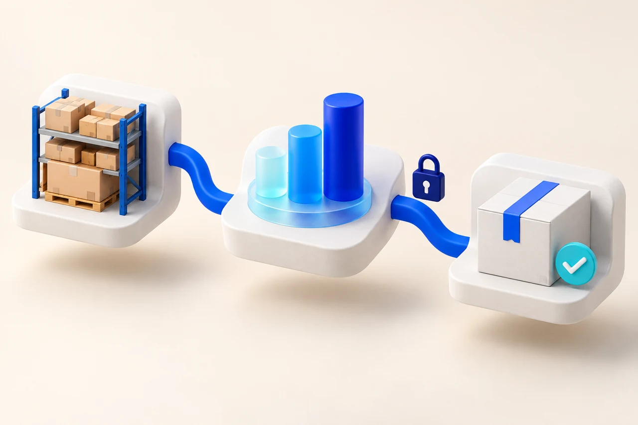Illustration: Lagerdaten, Analyse und Versand verbunden durch einen blauen Datenfluss
